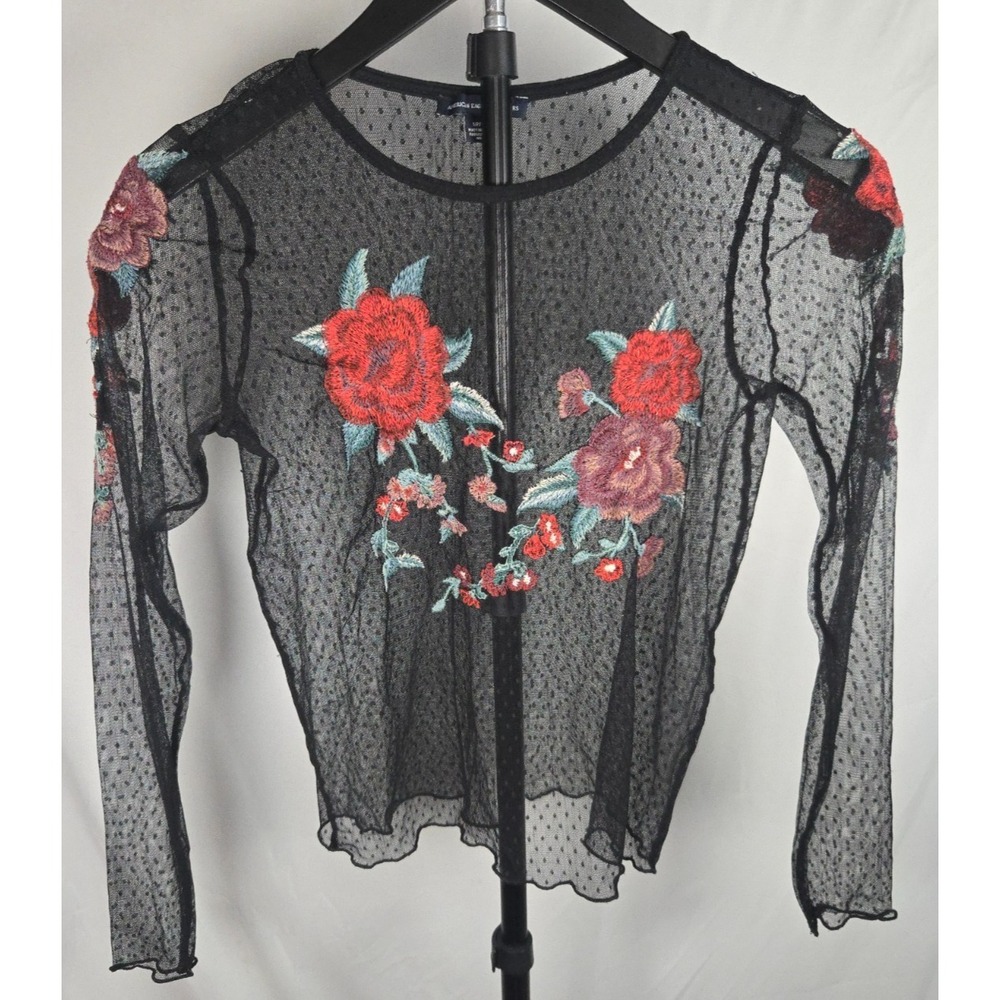 Sheer Mesh Embroidered Floral Rose Top Sz S Whimsigoth Fairy Grunge Y2K Goth - Picture 2 of 11
